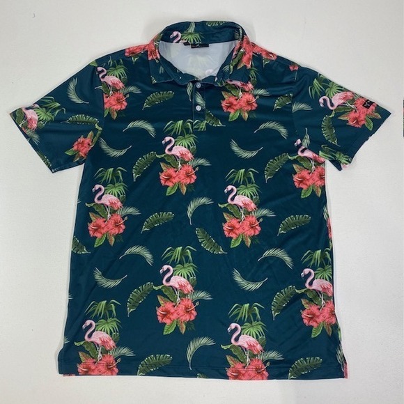 Yatta‎ Golf Polo Shirt Flamingo Floral Print Short Sleeve Golfing Medium - Picture 1 of 8